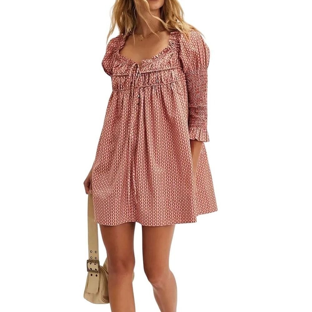 Free People Star Dip Babydoll Mini Dress Pink Geometricโ Smocked Women Small